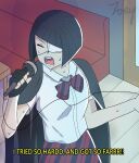  1girl black_hair fake_screenshot highres itan_private_high_school_uniform karaoke komi-san_wa_komyushou_desu microphone music nakanaka_omoharu open_mouth school_uniform shirt short_hair singing skirt solo subtitled sweat zelonzane 