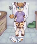 2017 ambiguous_gender anthro barefoot bathroom bathroom_floor bathroom_sink bathroom_tiles bathroom_wall blonde_hair blue_eyes clean_diaper clothing diaper diaper_off dipstick_tail drawers enjoying_the_go feet fur furniture giraffe giraffid hair hands_behind_front hi_res implied_pee implied_peeing implied_scat legs_together letsfalltogether mammal markings pooping_in_toilet potty potty_chair potty_time purple_clothing purple_shirt purple_topwear sat_on shirt sink sitting small_body smile smiling_at_viewer solo spots spotted_body spotted_fur tail tail_markings thighs_crossed thighs_together toilet toilet_bowl toilet_lid toilet_seat toilet_use topwear wide_hips