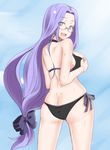  ass ass_focus bare_legs bare_shoulders bikini blush breasts butt_crack colorized fang fate/stay_night fate_(series) glasses hair_ribbon large_breasts long_hair looking_back low-tied_long_hair ribbon rider side-tie_bikini smile sweat swimsuit very_long_hair zanku 