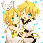 1boy 1girl ? blonde_hair blush boy boy_and_girl brother_and_sister eye_contact female girl hair_ornament hug incipient_kiss kagamine_len kagamine_rin kissyface looking_at_another male ms09 puckered_lips short_hair siblings vocaloid wince 