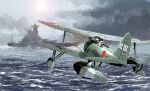  2boys aircraft airplane battleship biplane cannon cloud cloudy_sky commentary_request floatplane helmet imperial_japanese_navy matsuda_juukou military_vehicle multiple_boys ocean original pilot pilot_helmet propeller range_finder seaplane ship ship_turret sky smokestack vehicle_focus warship watercraft waves yamato_(battleship) 