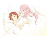 2girls after_sex aftersex back bare_shoulders bed bed_sheet blue_eyes blush brown_hair covering crossed_arms eyes_closed female happy long_hair love lying megurine_luka meiko multiple_girls naughty_face nude nude_cover on_back on_stomach petals pillow pink_hair short_hair sleeping smile ssn under_covers vocaloid yuri 