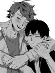  2boys arm_around_neck arm_up blush closed_mouth collarbone commentary_request crew_neck greyscale haikyuu!! hair_between_eyes hand_on_another&#039;s_arm highres jacket kageyama_tobio kna1o long_sleeves looking_to_the_side male_focus monochrome multiple_boys oikawa_tooru_(haikyuu!!) one_eye_closed parted_bangs popped_collar shirt sideways_glance swept_bangs teeth track_jacket unzipped upper_body upper_teeth_only veins veiny_hands zipper 