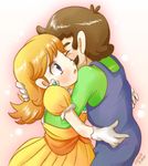  blue_eyes brown_hair earring earrings hug jewelry luigi mario_(series) nintendo omayu overalls princess_daisy super_mario_bros. super_mario_land tears 