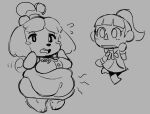 2023 animal_crossing anthro big_breasts black_eyes black_nose blush blush_lines blush_stickers bodily_fluids boots bottomwear breasts caliginous canid canine canis clothed clothed_anthro clothed_female clothed_human clothing digital_drawing_(artwork) digital_media_(artwork) domestic_dog drooling duo eyelashes female footwear grey_background hair half-closed_eyes hi_res human isabelle_(animal_crossing) looking_at_another looking_at_belly looking_at_own_belly looking_down looking_down_at_belly mammal multicolored_tail narrowed_eyes navel nintendo open_mouth overweight overweight_anthro overweight_female ponytail saliva shih_tzu shoes simple_background skirt sweat_emanata tail teeth tongue toy_dog triangle_nose two_tone_tail villager_(animal_crossing)