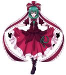  arm_ribbon boots curtsey depressed dress front_ponytail green_eyes green_hair hair_ribbon highres kagiyama_hina nikka_(cryptomeria) open_mouth red_dress ribbon skirt_hold solo standing touhou transparent_background 