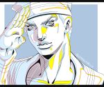  1boy araki_hirohiko_(style) collarbone commentary dixie_cup_hat english_commentary grandguerrilla hat hatching_(texture) higashikata_josuke_(jojolion) highres jojo_no_kimyou_na_bouken jojolion limited_palette male_focus military_hat monochrome official_style parted_lips sailor salute signature solo unfinished 