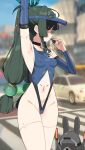  1girl absurdres android arm_up armpits bangboo_(zenless_zone_zero) blurry blurry_background braid breasts car covered_nipples green_eyes green_hair highres holding holding_whistle long_hair motor_vehicle navel qingyi_(zenless_zone_zero) small_breasts solo thighs twin_braids twintails w.k whistle zenless_zone_zero 