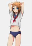  arms_behind_head braid brown_hair buruma midriff mironomeo navel original school_uniform serafuku solo twin_braids 