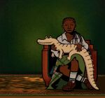 2025 5_fingers albino album_cover alligator alligator_bites_never_heal alligatorid black_hair bottomwear braided_hair brown_body brown_skin chair clothed clothed_female clothed_human clothing collared_shirt cornrows cover crocodilian dark_body dark_skin digital_drawing_(artwork) digital_media_(artwork) doechii duo ear_piercing eyelashes female female_human feral fingers footwear front_view full-length_portrait fully_clothed fully_clothed_female fully_clothed_human furniture green_background green_bottomwear green_clothing green_skirt hair hi_res holding_feral human jewelry kot2ka looking_at_viewer mammal mouth_closed necklace on_chair piercing portrait reptile ring_(jewelry) rug scales scalie sharp_teeth shirt simple_background sitting sitting_on_chair skirt snaggle_teeth socks tail tail_ridge teeth topwear white_clothing white_shirt white_topwear