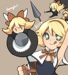  &gt;_&lt; 1girl :q alice_margatroid arm_up armpits bad_id bad_pixiv_id blonde_hair book capelet character_name closed_eyes doll hairband lance pig_ggul polearm shanghai_doll short_hair sleeveless smile solo tongue tongue_out touhou upper_body weapon |_| 