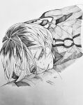  1boy 3_surugi commentary_request greyscale haikyuu!! hair_behind_ear highres kozume_kenma looking_at_reflection lying male_focus monochrome multicolored_hair on_stomach parted_lips roots_(hair) shirt smile solo sportswear sweat upper_body very_sweaty volleyball_uniform 