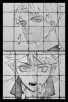  2boys 3_surugi adam&#039;s_apple border collared_shirt commentary_request curtained_hair greyscale haikyuu!! highres looking_ahead male_focus monochrome multiple_boys oikawa_tooru_(haikyuu!!) shirt short_hair sportswear sweat ushijima_wakatoshi very_sweaty volleyball_net volleyball_uniform wide-eyed 