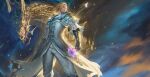 1boy armor armored_gloves bahamut_(final_fantasy) belt black_belt blonde_hair chainmail collared_shirt curtained_hair dion_lesage dragon earings erry final_fantasy final_fantasy_xvi flower highres jewelry lance monster pauldrons polearm puffy_sleeves purple_flower scales shirt shoulder-armor shoulder_armor weapon yellow_eyes 