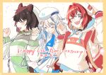  3girls :d ^_^ ange_katrina animal_ears anniversary beret blue_eyes blue_hair blue_necktie blue_sleeve_cuffs blush border breasts brown_hair closed_eyes collar collared_shirt color-coded commentary_request crossed_bangs dog_ears english_text falling_petals fang green_sleeve_cuffs grin hair_between_eyes hair_intakes hand_on_headwear hands_up happy_anniversary hat highres holding_hands hood hood_down hoodie inui_toko jacket lize_helesta long_hair long_sidelocks long_sleeves looking_at_viewer matching_outfits multicolored_hair multiple_girls necktie nijisanji official_alternate_costume one_eye_closed open_clothes open_jacket open_mouth petals pink_petals pleated_skirt red_hair red_sleeve_cuffs ritowani sanbaka_(nijisanji) shirt short_hair side-by-side sidelocks skin_fang skirt small_breasts smile square-end_necktie streaked_hair teeth three_quarter_view two-tone_hair two_side_up upper_teeth_only virtual_youtuber white_background white_collar white_hair white_hat white_hoodie white_jacket white_shirt white_skirt yellow_border 