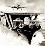  a6m_zero aircraft aircraft_carrier airplane anti-aircraft_gun chrysanthemum cloud cloudy_sky commentary_request external_fuel_tank flight_deck flower greyscale highres imperial_japanese_navy kikumon matsuda_juukou military military_vehicle monochrome no_humans ocean original propeller propeller_fighter ship sky vehicle_focus warship watercraft waves zuikaku_(aircraft_carrier) 