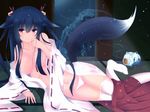  animal_ears bell blush fox_ears fox_tail hair_ornament japanese_clothes lying miko navel off_shoulder original panties red_eyes second_heaven smile solo tail tatami thighhighs underwear white_legwear 
