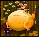 2010 anthro belly big_belly clothing duo female gloves handwear hat headgear headwear huge_belly human inside koopa koopaling larger_female male mammal mario mario_bros nintendo overweight scalie simple_background size_difference virus-20 wendy_o._koopa yellow_body