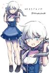  abyssal_ship apron blue_apron blue_eyes brown_shoes cross dated dirndl enemy_naval_mine_(kancolle) full_body german_clothes highres iron_cross kantai_collection karin_bluez3 multiple_views no_socks shoes short_hair smile teeth tentacles twitter_username waist_apron white_hair z1_leberecht_maass_(kancolle) z1_leberecht_maass_(oktoberfest)_(kancolle) 