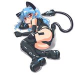  :3 ass bad_id bad_pixiv_id black_legwear blue_hair blush boots busou_shinki dd_(ijigendd) doll_joints elbow_gloves gloves long_hair lying mecha_musume on_side pointy_ears red_eyes solo tail thigh_boots thighhighs valona 