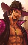  abs bad_id bad_pixiv_id beard black_hair cross dracule_mihawk facial_hair hat jacket jewelry long_coat male_focus muscle mustache necklace one_piece open_clothes open_jacket solo tsuyomaru yellow_eyes 