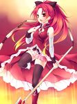  bad_id bad_pixiv_id black_legwear boots bow detached_sleeves fangs hair_bow magical_girl mahou_shoujo_madoka_magica open_mouth polearm ponytail red_eyes red_hair sakura_kyouko solo sorai_mahiru spear thighhighs weapon zettai_ryouiki 