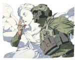  1boy brown_gloves bulletproof_vest call_of_duty call_of_duty:_modern_warfare_2 camouflage combat_helmet ear_protection facing_away gloves greco-roman_clothes green_helmet helmet highres horangi_(modern_warfare_2) long_sleeves marble_(stone) marble_sculpture military_combat_uniform military_uniform niktatek0 simple_background toga upper_body white_background wings 