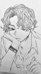  1boy 3_surugi collared_shirt commentary_request curtained_hair fingernails grey_background greyscale haikyuu!! hand_on_own_face head_rest highres holding holding_pen looking_down male_focus monochrome open_collar parted_lips pen sakusa_kiyoomi shirt short_hair simple_background solo upper_body watch wavy_hair wing_collar wristwatch writing 