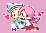  1boy 1girl absurdres anchor_ornament aqua_hat aqua_pants aqua_shirt argyle_background black_hair chibi commentary commentary_request dixie_cup_hat hair_bobbles hair_ornament hat heart higashikata_josuke_(jojolion) highres hirose_yasuho hug jojo_no_kimyou_na_bouken jojolion m_a_a_m_8 military_hat pants pink_hair sailor shirt smile solid_oval_eyes 