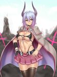  black_legwear blue_hair bracelet breasts brooch brown_legwear cape capelet cleavage demon_girl fantasy gloves hands_on_hips highleg highleg_panties highres horns houtengeki jewelry large_breasts lavender_hair microskirt navel original panties pink_eyes red_eyes revealing_clothes short_hair single_glove skirt smile solo standing thighhighs underwear zettai_ryouiki 