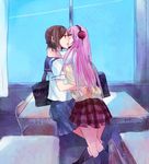  2girls bag brown_hair chair cheek_kiss classroom curtain curtains desk female footwear headphones holding hug inside kiss lips long_hair megurine_luka meiko multiple_girls pink_hair sailor sailor_suit school_uniform short_hair sitting skirt socks sweater_vest vocaloid window yuri 