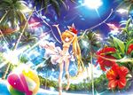  ascot bad_id bad_pixiv_id ball beachball bikini blonde_hair blush bow catbell cloud coconut_tree day flandre_scarlet flower hair_bow hibiscus lens_flare long_hair navel palm_tree print_sarong red_eyes sarong side_ponytail sky smile solo sparkle sun swimsuit touhou tree very_long_hair white_sarong wings 