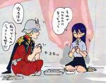  1boy 1girl blonde_hair char_aznable closed_eyes commentary_request gloves gundam gundam_gquuuuuux helmet kikutainkisa long_hair long_sleeves mask military military_uniform mobile_suit_gundam nyaan_(gundam_gquuuuuux) purple_hair robot short_hair smile speech_bubble sweatdrop translation_request white_gloves zeon 