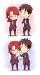  2boys black_hair chibi formal ichijou_(kaiji) kaiji long_hair multiple_boys murakami_(kaiji) red_hair snot suit tears tissue 