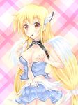  angel_wings artist_request astraea blonde_hair breasts cleavage long_hair pocky red_eyes skirt solo sora_no_otoshimono wings 