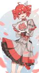  1girl ahoge belt birthday black_belt black_skirt black_sleeve_cuffs blue_background bouquet bow commentary_request double-parted_bangs drill_hair falling_petals feet_out_of_frame grey_jacket grey_skirt hair_between_eyes hair_bow hair_ribbon highres holding holding_bouquet jacket kasane_teto kasane_teto_(sv) layered_skirt layered_sleeves leaning_to_the_side long_sleeves looking_at_viewer musical_staff musical_staff_print open_mouth petals pink_petals red_belt red_eyes red_hair red_skirt red_trim ribbon shirokabi_39 shoulder_belt shoulder_boards skirt solo striped_clothes striped_jacket striped_skirt synthesizer_v teeth twin_drills upper_teeth_only utau white_background white_bow white_ribbon 