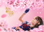  1girl ahoge blue_eyes blue_gloves blue_shirt braid brown_hair cherry_blossoms commentary_request falling_petals flower gloves hair_between_eyes hair_over_shoulder hair_ribbon hand_up kantai_collection kiuzu_(ko_kiu2) long_hair looking_up lying neckerchief on_back petals pink_flower pink_hair pink_petals red_neckerchief red_ribbon ribbon sailor_collar shigure_(kancolle) shirt short_sleeves sidelocks single_braid solo translation_request upper_body white_sailor_collar 