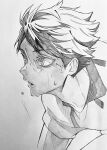  1boy 3_surugi adam&#039;s_apple collared_shirt grey_background greyscale haikyuu!! highres looking_ahead male_focus monochrome oikawa_tooru_(haikyuu!!) open_mouth parted_bangs shirt short_hair short_sideburns short_sleeves simple_background solo sportswear sweat teeth very_sweaty volleyball_uniform wing_collar 