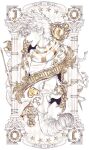  2boys anchor_ornament battle_tendency brooch colored_skin diamond_wa_kudakenai father_and_son gakuran grey_eyes grin heart heart_brooch higashikata_josuke high_collar highres jacket jewelry jojo_no_kimyou_na_bouken joseph_joestar joseph_joestar_(young) looking_to_the_side male_focus messy_hair multiple_boys peace_symbol pillar polearm pompadour scarf school_uniform shirt smile spear star_(symbol) statue striped_clothes striped_scarf sword teeth unicorn upside-down weapon white_gakuran white_hair white_jacket white_shirt white_skin zhhy3324 