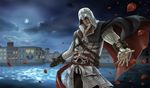  assassin's_creed_(series) assassin's_creed_ii cape city cloak cloud ezio_auditore_da_firenze full_moon gloves hidden_blade hood male_focus moon night petals rose_petals smile solo tera_(no_reason) vambraces venice weapon 