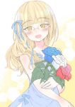  1girl absurdres aohashi_ame blonde_hair blue_dress blush bouquet commission dress glasses highres holding holding_bouquet long_hair looking_at_viewer open_mouth perrine_h._clostermann ribbon second-party_source simple_background solo standing strike_witches world_witches_series yellow_eyes 