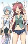  ;d alternate_costume bag blue_hair casual cutoffs denim denim_shorts drooling hair_ornament hairclip heart heart_in_mouth hood hoodie hot long_hair mahou_shoujo_madoka_magica miki_sayaka multiple_girls navel no_eyes one_eye_closed ookuma_(nitroplus) open_mouth ponytail red_eyes red_hair sakura_kyouko shaded_face shopping_bag short_hair short_shorts shorts sleeveless smile sweat translated v 