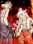  1girl bad_id bad_pixiv_id bandages belt black_gloves bow brown_eyes brown_hair crossover fire fujiwara_no_mokou gloves hair_bow long_hair red_eyes ringo_samurai rurouni_kenshin shishio_makoto silver_hair suspenders sword touhou weapon 