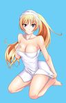  :&lt; alternate_hairstyle bare_shoulders blonde_hair blue_eyes breasts christiane_friedrich cleavage collarbone hand_on_own_chest kneeling konishiki_(52siki) large_breasts long_hair maji_de_watashi_ni_koi_shinasai! mole naked_towel ponytail simple_background solo towel towel_pull tsurime 