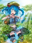  backpack bag black_legwear blue_eyes blue_hair boots breasts camouflage gloves hair_bobbles hair_ornament hat jumping kawashiro_nitori key knee_pads large_breasts midriff navel open_mouth panzer short_hair skirt solo sunlight thighhighs touhou tree two_side_up 