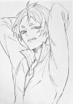  1boy 3_surugi :d arms_up collared_jacket commentary_request grey_background greyscale haikyuu!! highres jacket komori_motoya long_sleeves looking_to_the_side male_focus monochrome partially_unzipped popped_collar shirt short_hair sideways_glance simple_background smile tongue tongue_out upper_body v-neck zipper zipper_pull_tab 