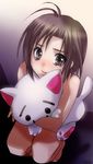  bad_id bad_pixiv_id blush brown_eyes brown_hair cat doll_hug hug idolmaster idolmaster_(classic) idolmaster_2 kikuchi_makoto masobe_(masbe) nude short_hair solo stuffed_animal stuffed_toy tears 