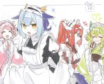  3_ma_me 4girls alternate_costume apron blue_eyes blue_hair blush braid breasts closed_mouth clothes_lift dango dated dragon_girl dragon_horns dragon_tail dress dress_lift duel_monster eating food frilled_apron frilled_dress frilled_hairband frills green_hair green_kimono hair_between_eyes hair_ornament hairband horns japanese_clothes kimono kitchen_dragonmaid laundry_dragonmaid lifting_own_clothes long_hair long_sleeves looking_at_another looking_at_viewer maid maid_apron maid_day maid_headdress medium_breasts mixed_maids multiple_girls nurse_dragonmaid open_mouth orange_eyes parlor_dragonmaid pink_hair pink_kimono puffy_long_sleeves puffy_sleeves red_hair red_kimono short_twintails side_braid simple_background smile tail twin_braids twintails wa_maid wagashi white_apron white_background wide_sleeves yu-gi-oh! 