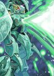  absurdres blue_background commentary energy_beam gundam gundam_zz highres machinery mecha mecha_focus mobile_suit no_humans okrdisk2000 purple_eyes quin_mantha robot roundel science_fiction thrusters v-fin 
