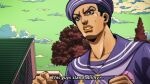  1boy anime_coloring araki_hirohiko_(style) black_hair blue_eyes building clenched_hands clenched_teeth cloud cloudy_sky commentary dixie_cup_hat english_commentary english_text fake_screenshot grandguerrilla green_sky hat higashikata_josuke_(jojolion) jojo_no_kimyou_na_bouken jojolion makeup male_focus military_hat official_style outdoors purple_hat purple_sailor_collar purple_shirt sailor sailor_collar sailor_hat shirt sky solo subtitled sweat teeth tree 